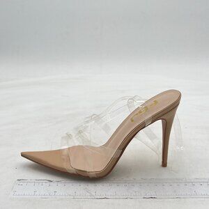 FSJ Nude Clear Peep Toe Cross PVC Band High Heel Ankle Strap Slingback Sandal